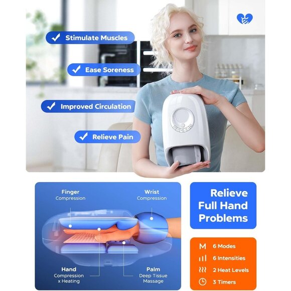 EaseZen Hand Massager Heat Compression Arthritis Carpal Tunnel Circulation - Picture 2 of 11